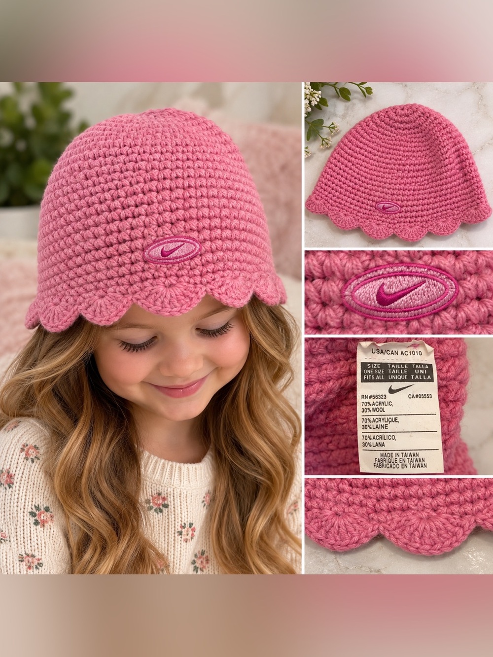 Vintage Nike Pink Crochet Knit Beanie Hat 🩷